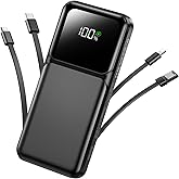 RONEGN Portable Charger with Built in Cable -20000mAh Fast Charging Power Bank USB C Slim 22.5W LED Display Battery Pack 5 Outputs & 3 Inputs for Travel Essentials iPhone Samsung Phones Black