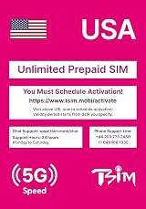 TSIM USA Travel SIM Card 5G Unlimited Data Calls Texts Prepaid 15 Day
