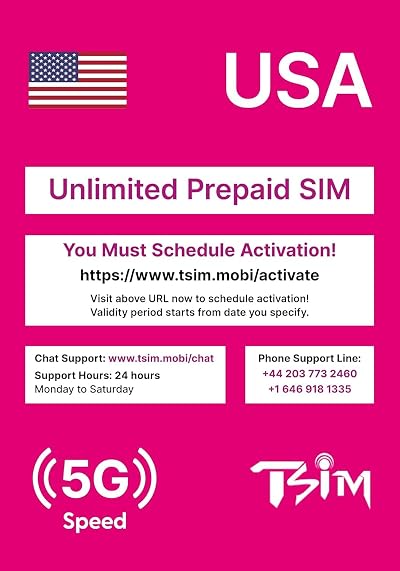 TSIM USA Travel SIM Card 5G Unlimited Data Calls Texts Prepaid 15 Day