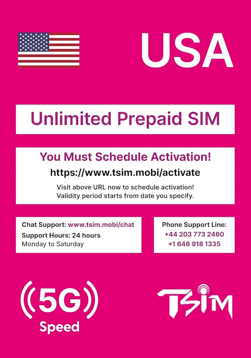 TSIM USA Travel SIM Card 5G Unlimited Data Calls Texts Prepaid 15 Day