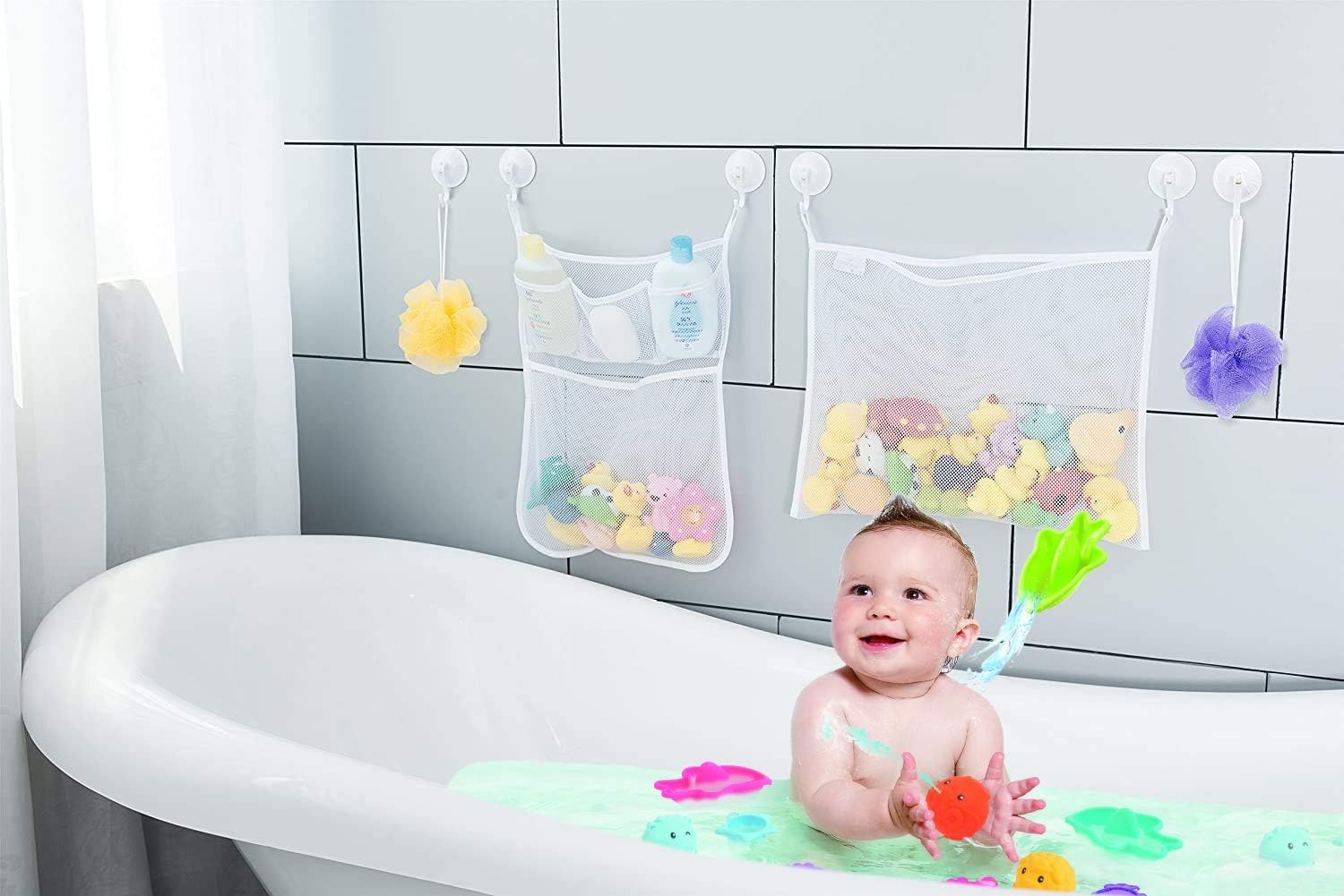 2 x Mesh Bath Toy Organizer + 6 Ultra Strong Hooks – The Perfect Bathtub Toy Holder & Bathroom or Shower Caddy – These Multi-use Net Bags Make Baby Bath Toy Storage Easy – For Kids & Toddlers: Home Improvement
