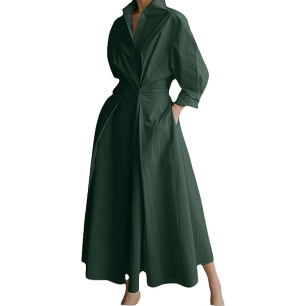 Amazon.com: Ladyful Elegant Cotton Shirt Dress for Women A-line Long Sleeve  Maxi Dress Green : Clothing, Shoes & Jewelry