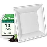 Qi Boo Square Paper Plates 10 Inch [50-Pack] Compostable Eco Friendly Disposable Plates Heavy Duty, Biodegradable Recycled Bagasse Plates, Large Paper Dinner Plates, Sturdy White 10" Plate