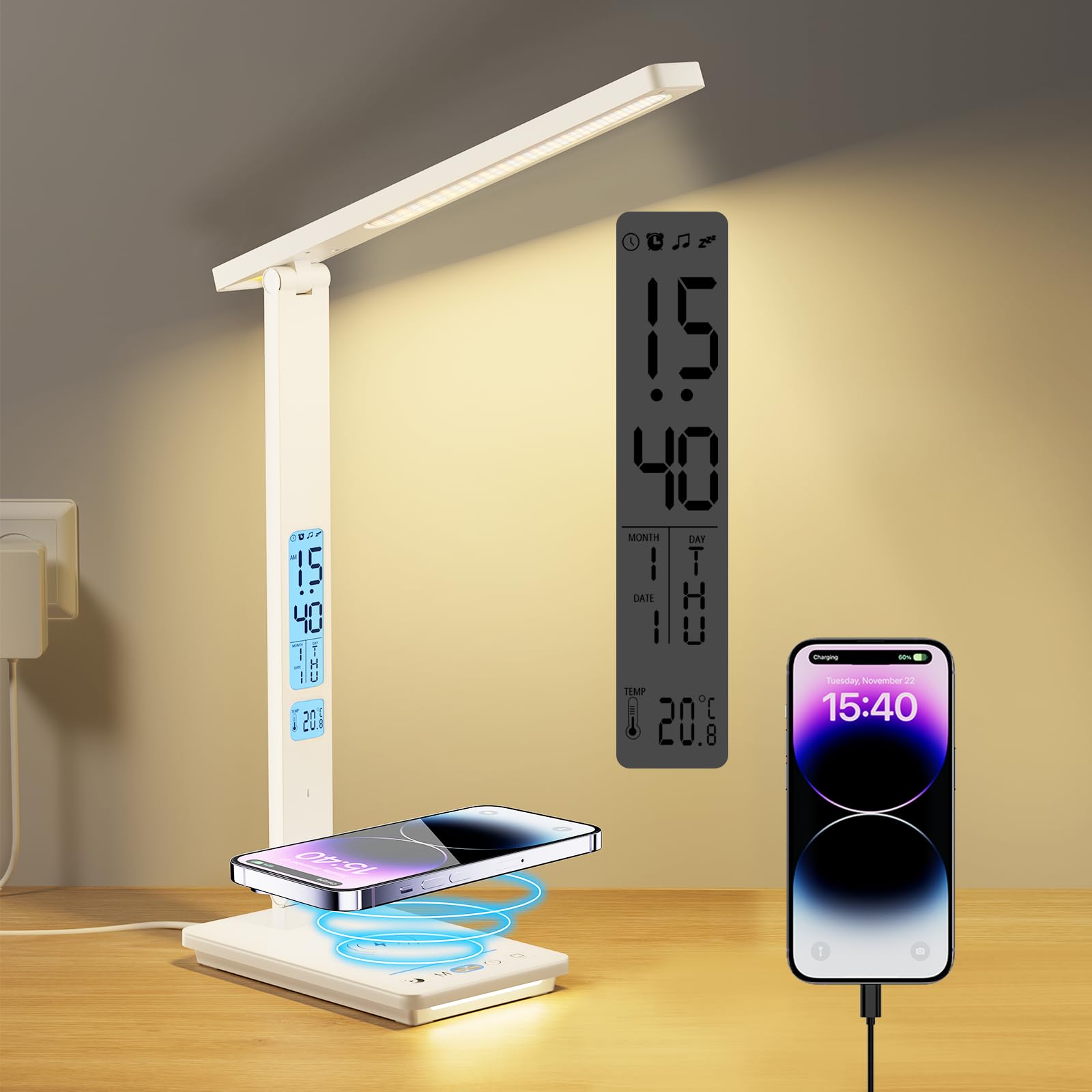 YAMYONE LED Desk Lamp with Wireless Charger & USB Charging Port, 5 Colors 5 Brightness Dimmable Eye-Caring Table Lamp with Night Light, LCD Screen Clock Temperature Timer Touch Control Bedside Lamp