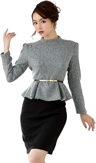 Amazon Rew You リューユ キャバドレス キャバ ドレス キャバクラ キャバワンピース パーティードレス Belsia 長袖 ツイード ペプラム 体型カバー S1 グレー110 ワンピース チュニック 通販