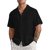 Mens Linen Button Down Shirts Short Sleeve Basic Cuban Regular Fit Wedding Summer Beach Tops