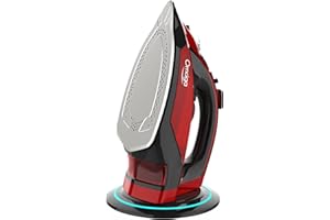 OMAIGA Cordless Iron for Clothes - 1500W Steam Iron with Non-Stick Ceramic Soleplate, Rapid Heating, Auto Shut Off, Burst of Steam, Self-Clean, Anti-Drip, Anti-Calc, 3 Temperature Settings, Red