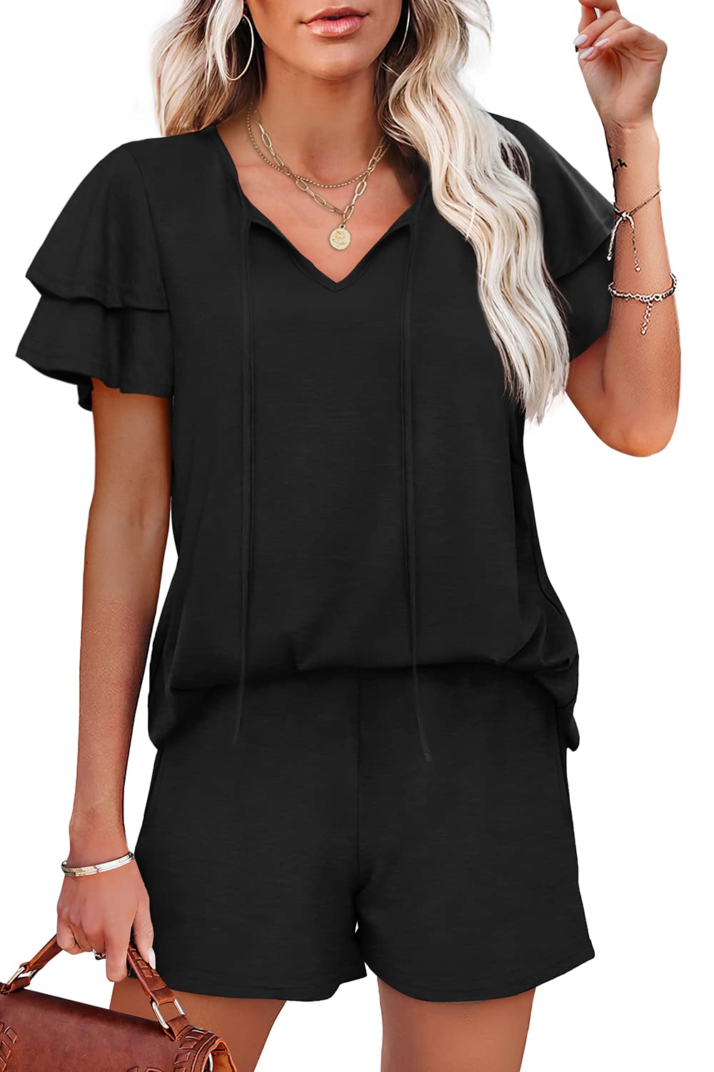 Photo 1 of **MISSING BOTTOMS**Beach Vacation Clothes for Women Womens Summer Outfits 2023 Two Piece Lounge Sets Ruffle Sleeve Pajamas Black SMALL