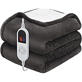 HOW'S MY HOUSE Heated Blanket Throw 50" x 60", Electric Blanket with 12 Time Settings & 6 Heating Levels, Over-Heat Protection, Flannel Sherpa Super Cozy with ETL Certification, Gray