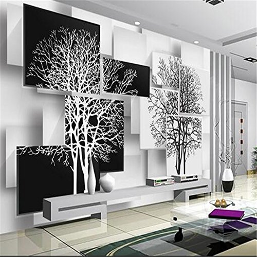 Aliworte 3D Mural Wall Stickers Decoration Wallpaper Wall Decal Wall Decals Custom Simple Black and White Tree Background Sitting Sofa Study Background Decoration 300cmX250cm