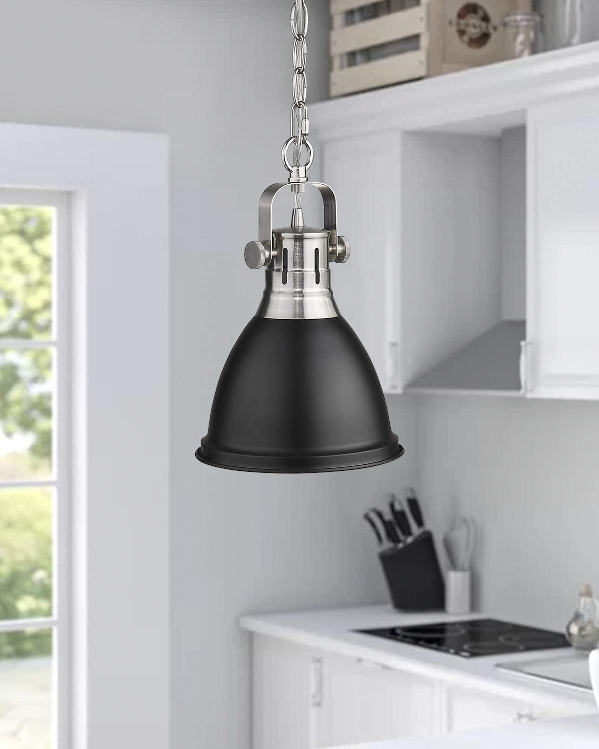 Emliviar 1-Light Industrial Pendant Light, 8 inch Modern Dome Hanging Light with Metal Shade, Black Finish, 4054M BN/BK - - 