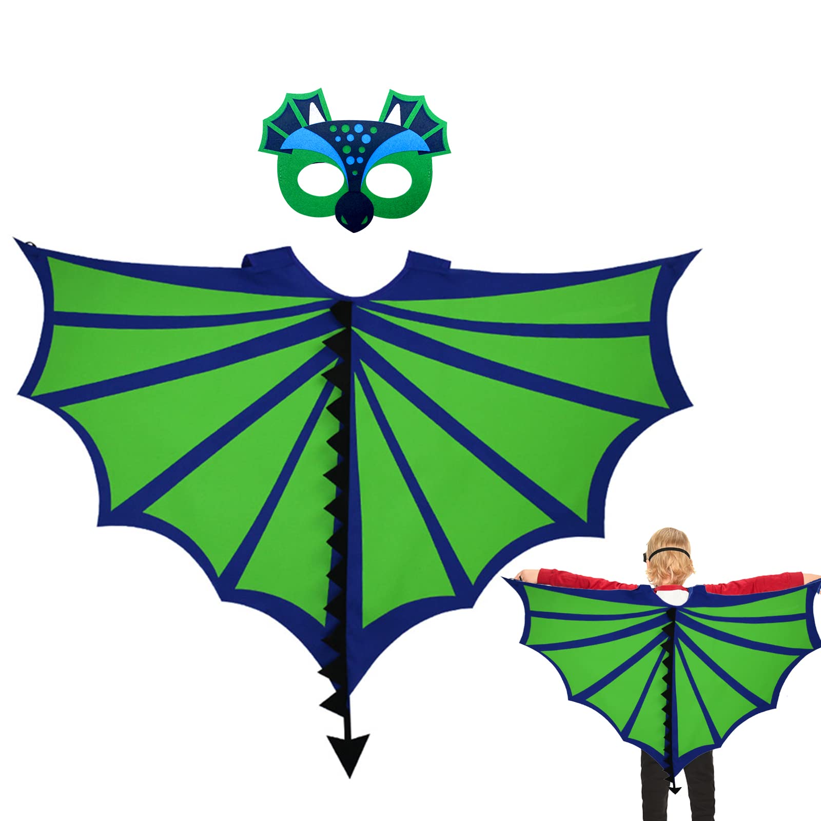 EQLEF Dinosaur Cape Kids, Dinosaur Wings Costume with Mask Dragon Wings Kids Dragon Cape for Boys Cosplay, Halloween and Fancy Dress 4-9 Years (Green)