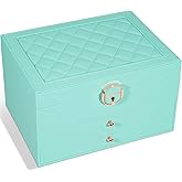 GUOER Jewelry Box for Women Girl Wife 3 Layers Large PU Leather Jewelry Organizer Storage Case with Two drawers Display for Earrings Bracelets Rings Watches (Teal)