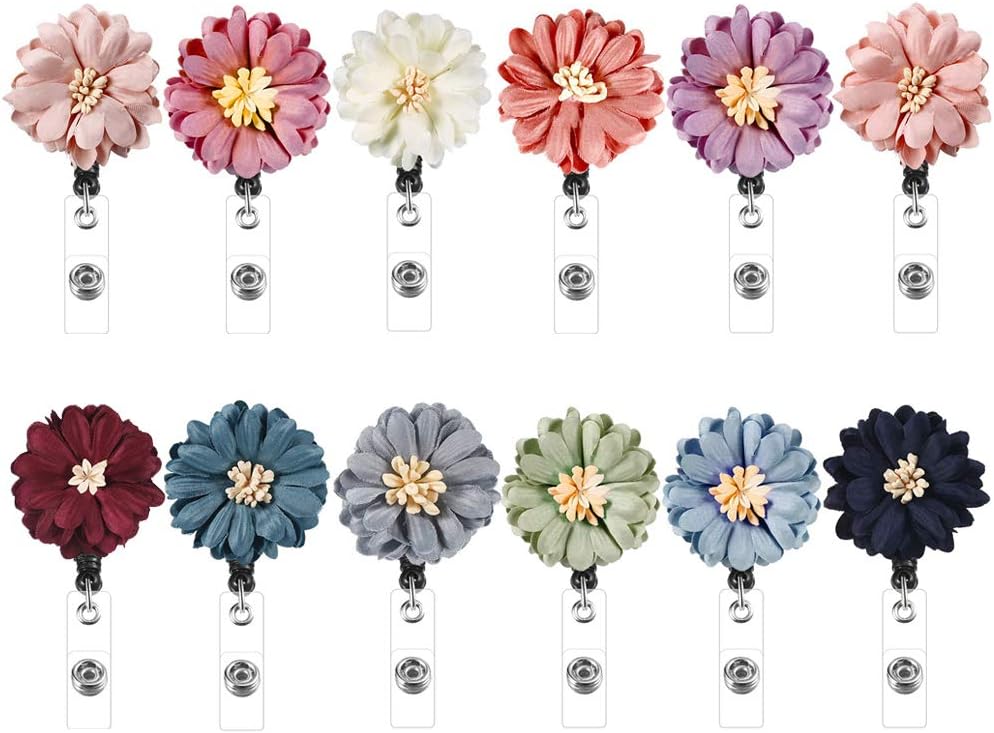 12Pcs Retractable Flower Badge Holder with Alligator Clip,Uspacific Cute Badge Clips ID Badge Reel Clip on Card Holders, Special Name Badge Holder Retractable for ID Card, Work Card