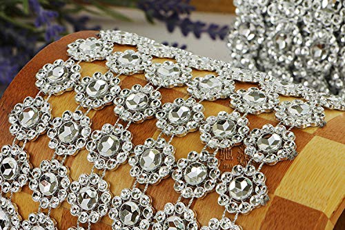 MUZOCT 4" X 10 Yards (30 Feet) Silver Flower Mesh Rhinestone Crystal Diamond Ribbon Wrap for Event Decorations, Wedding Cake, Bridal & Party, Dress Appliques