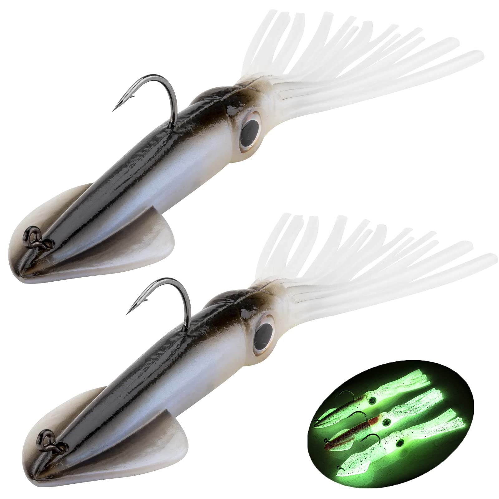 Fishing Squid Lures Kit Pre-rigged Squid Lure Glow In the Dark Squid Jig Octopus Artificial Bait Saltwater Sea Fishing Lures Sinking Lure 35g 2Pcs (D -2Pcs)