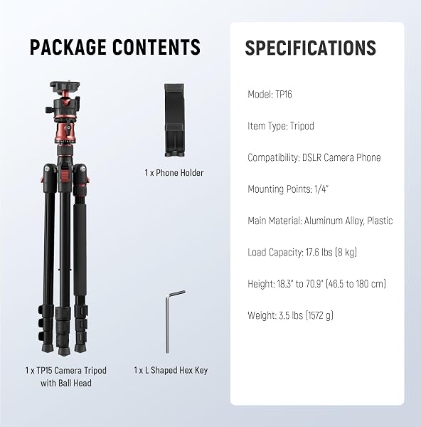 NEEWER BASICS 70.9″ CAMERA TRIPOD MONOPOD WITH CENTER COLUMN & BALL HEAD, QUICK RELEASE OVERHEAD DSLR CELL PHONE HOLDER STAND COMPATIBLE WITH IPHONE TRAVEL VIDEO RECORDING, 17.6 LBS MAX LOAD, TP16