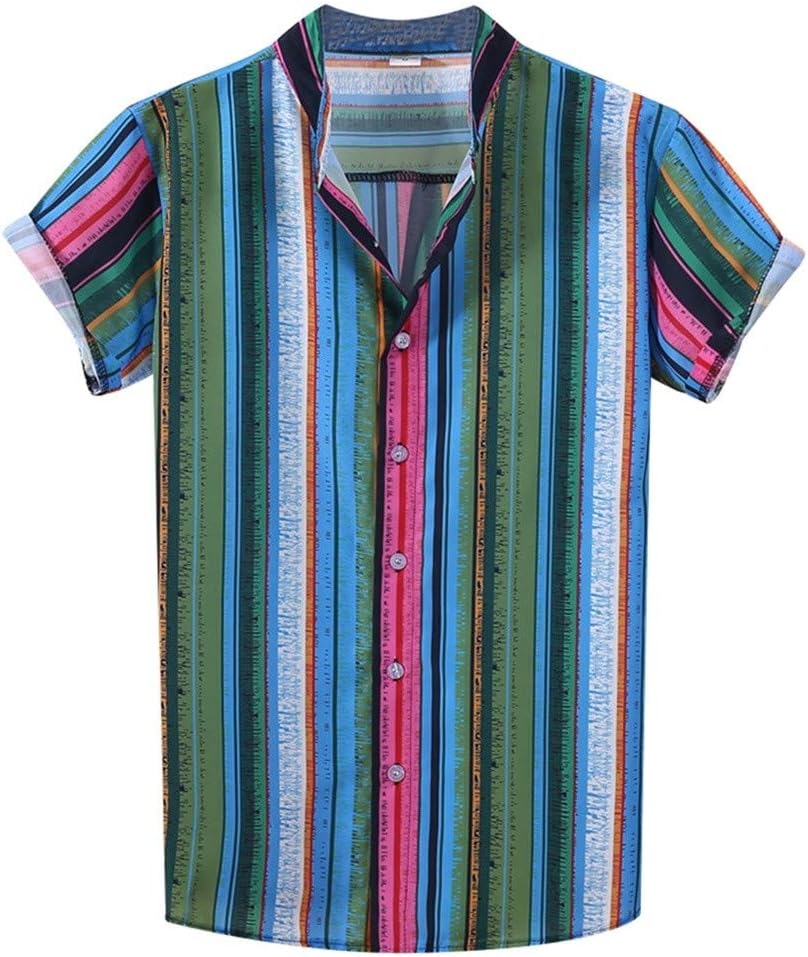 Men's Stitching Printed Short-Sleeved Shirt Mens Ethnic Printed Stand Collar Colorful Stripe Short Sleeve Loose Shirt