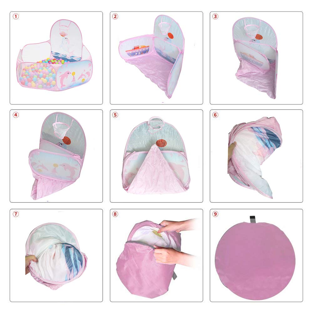 Kids Ball Pit Ball Tent, Likorlove Toddler Ball Pit with Basketball Hoop and Zippered Storage Bag,4 Ft Sea Ball Pool for Indoor Outdoor(Balls not Included),Pink