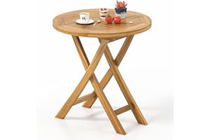 Tangkula Patio Teak Wood Dining Table, 27.5" Round Side Table with Slatted Tabletop, Sturdy X-Shaped Frame, Outdoor Wooden Coffee Bistro Table for Backyard, Poolside, Garden, Lawn, Natural