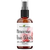 Premium Organic Moroccan Rose Water - 4oz Glass Bottle - Imported From Morocco - 100% Pure (Food Grade) Perfect for Reviving, Hydrating and Rejuvenating Your Face and Neck - By Sweet Essentials