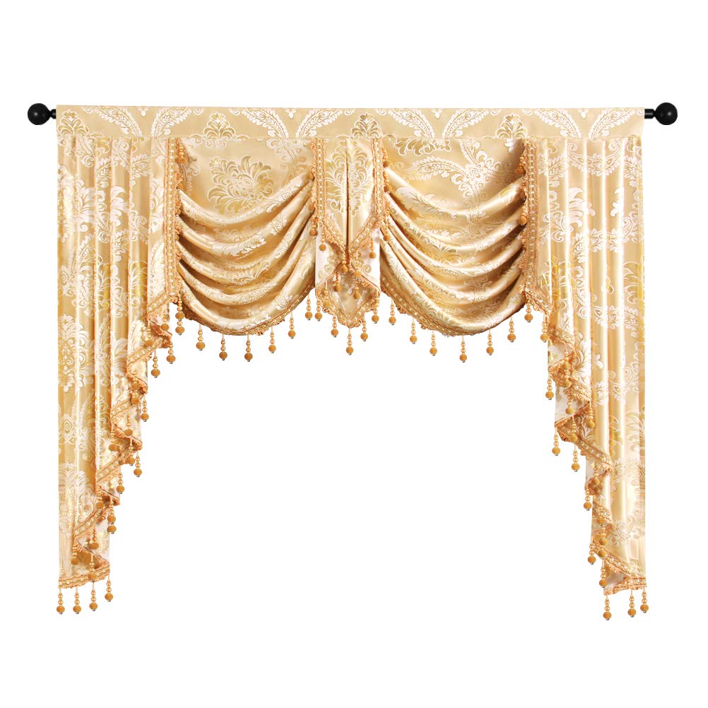 ELKCA Golden Jacquard Swag Waterfall Valance Luxury Curtain Valance for Living Room (Damask-Golden, W69 Inch, 1 Panel)