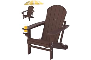 CLOUDEEP Folding Adirondack Patio Chairs, HDPE Fire Pit Chairs Weather Resistant, Outdoor Adirondack Chair with Cup Holder and Umbrella Hole for Paito Garden, Wood Texture, Brown