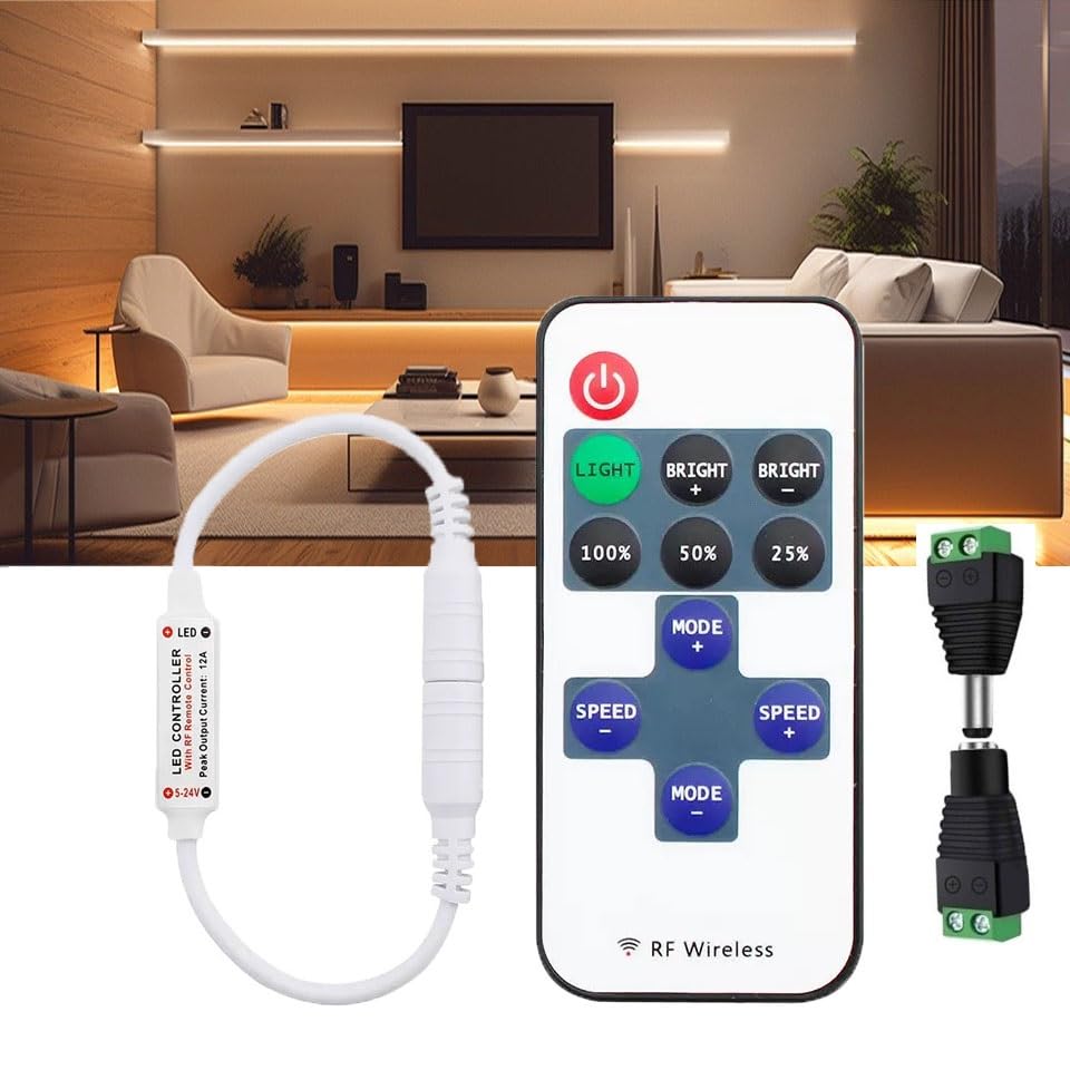 Taikuwu LED Strip Controller RF Remote Control (with Pairing Function) 5.5mm x 2.1mm DC Jack Connector DC 5V-24V 12A Receiver forSingle Colour LED Strip 5050 3528 2835 5630