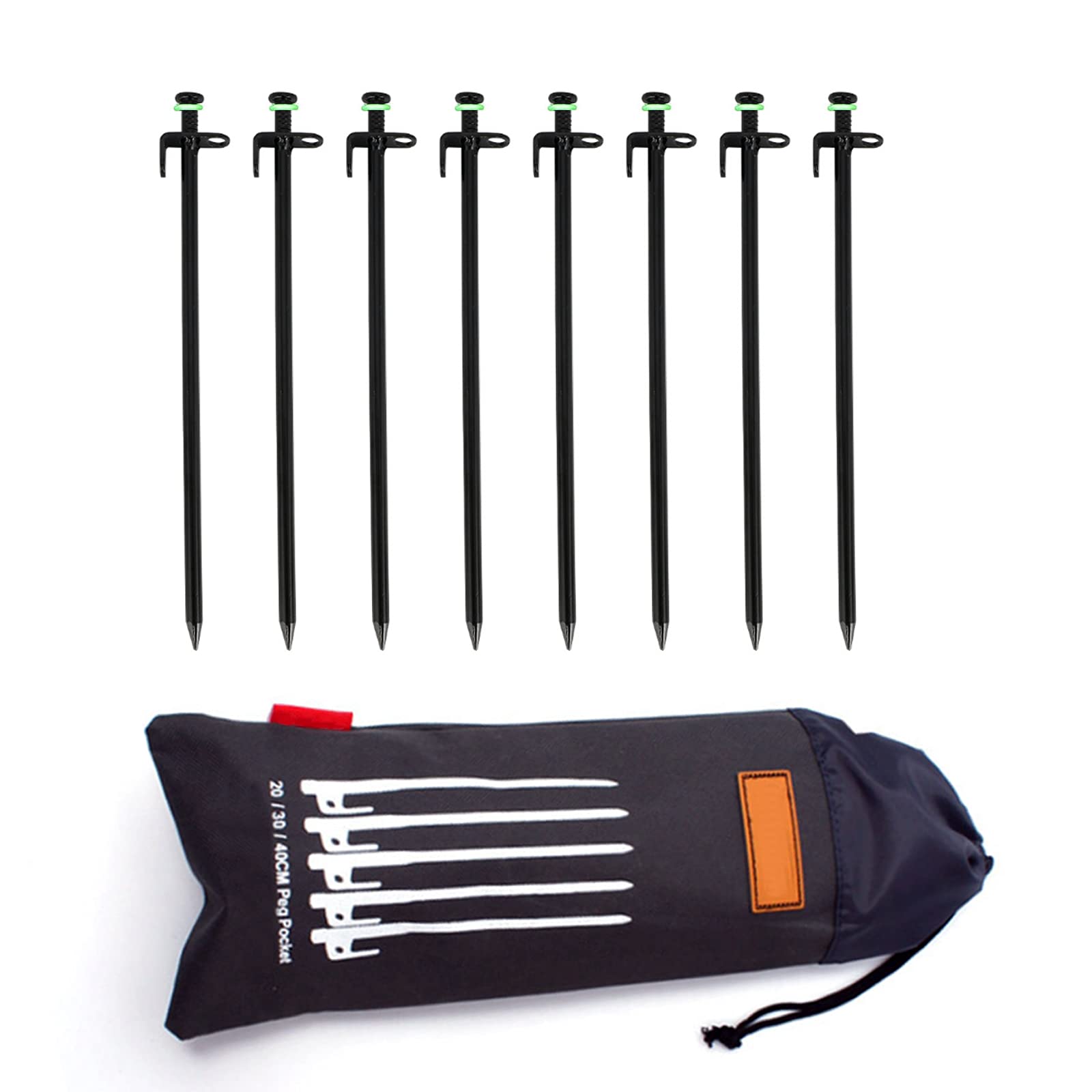 Tent Pile,Luminous Ring Storage Bag(8 Pieces) Sturdy Heavy Steel Tent Pile Ground Nail Metal Pile, Suitable for Outdoor Mountain Camping and Hiking (30cm)