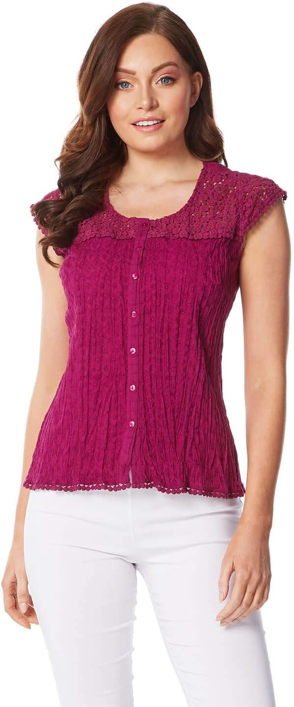 Women Lace Crinkle Blouse Top - Ladies Broderie Anglaise Yoke 100% Cotton Embroidered Casual Work Flattering Summer Holiday Evening Boho Vintage Shirt