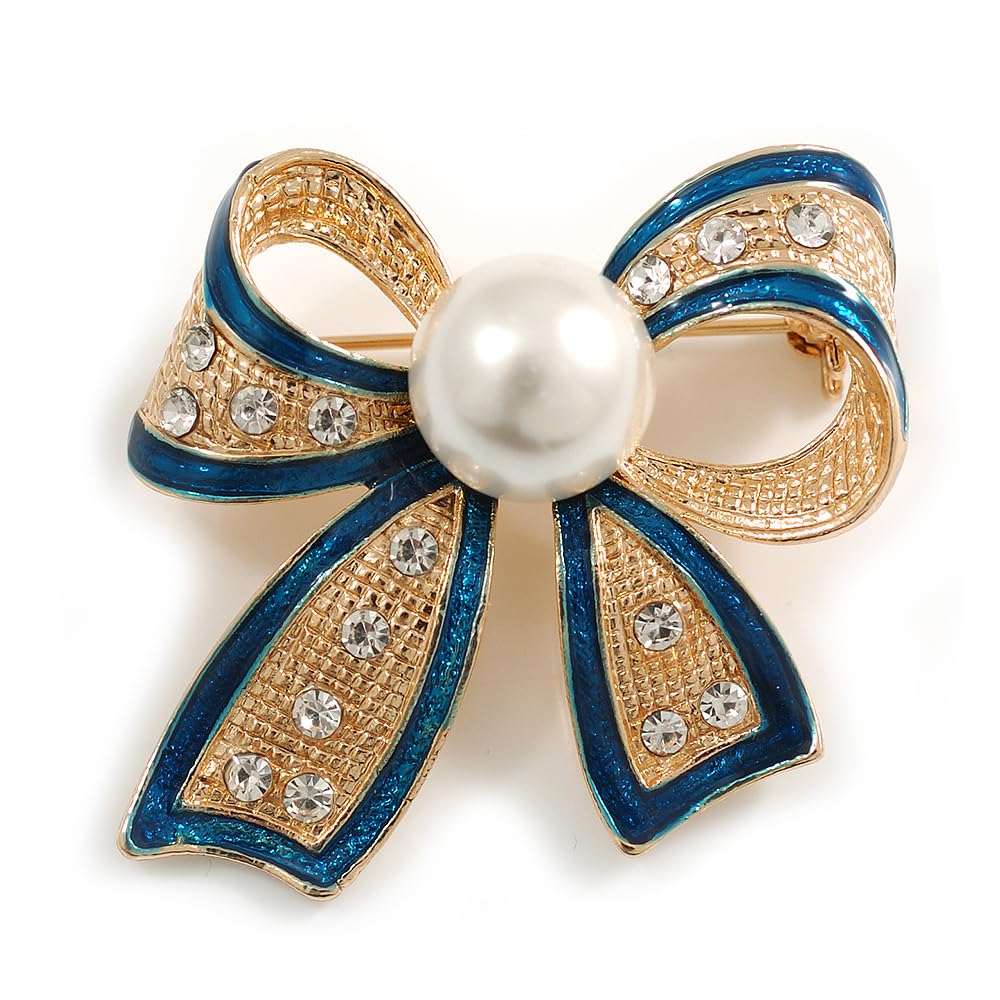 Gold Tone, Navy Blue Enamel, Crystal, Pearl Bow Brooch - 40mm L