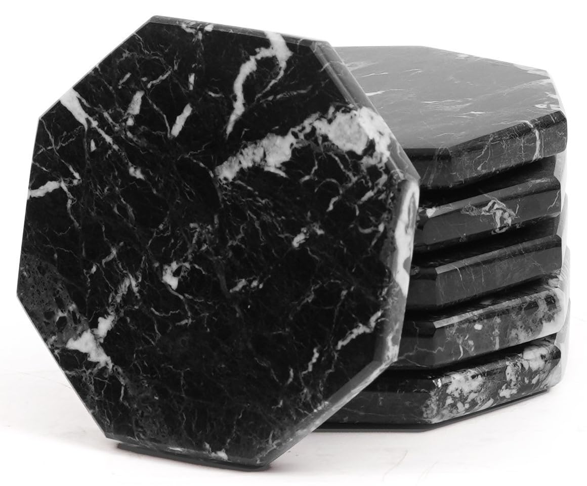Radicaln Marble Coasters for Drinks - 3.5" Black Handmade Star Set of 6 for Coffee Table - Elegant Drink Coasters
