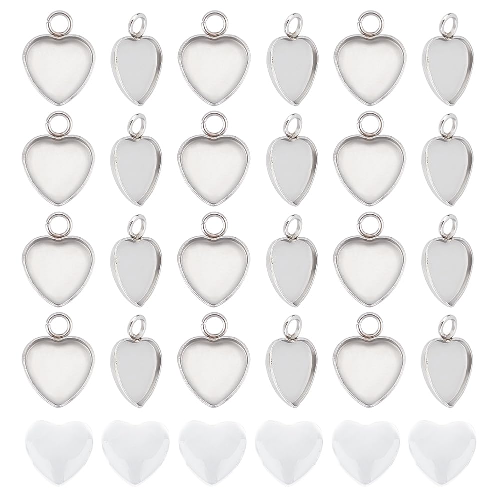 UNICRAFTALE 50 Sets Heart Cabochon Pendant Stainless Steel Blank Bezel Charms Trays 10mm Settings with Heart Glass Cabochons Bezel Blanks Tray for Photo Pendant Craft Jewelry Making