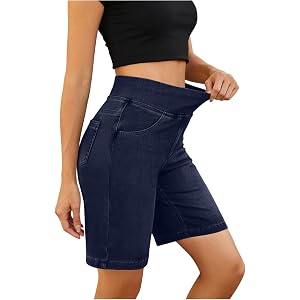 Womens Bermuda Jean Shorts High Waisted Tummy Control Straight Leg Slacks Denim Pants Knee Length Jorts with Pockets