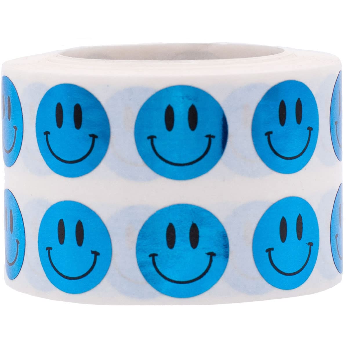 Photo 1 of 1/2" Inch Small Metallic Blue Happy Face Labels, 1,000 Total Adhesive Stickers on a Roll, Perfect for Kids Classroom Incentives, Motivational Chart Use