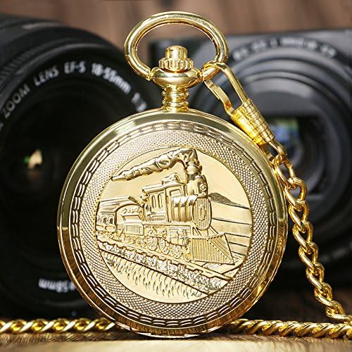 Gold Steam Train Fob Chain Pocket Watch Gift Mechanical Hand Wind Skeleton Steampunk