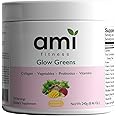 Ami Fitness Glow Greens Powder, Collagen with Probiotics, Vitamins, Digestive Enzymes, Superfoods, Gut Health, Bloating Relief, Radiant Skin, Natural Glow, Spirulina, 30 SVG, Pineapple Coconut