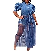 Sexyshine Women's Puff Short Sleeve Button Down Denim Blouse Shirts Sheer Mesh Tulle Patchwork Pleated A-Line Denim Dress