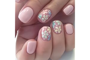 MMNHJHUT 24Pcs Colorful Flower Press-On Nails - Short, Square, Fake, Spring-Summer Nail Art Set, Light Pink Acrylic, Full Cover Glossy False Nails for Women & Girls