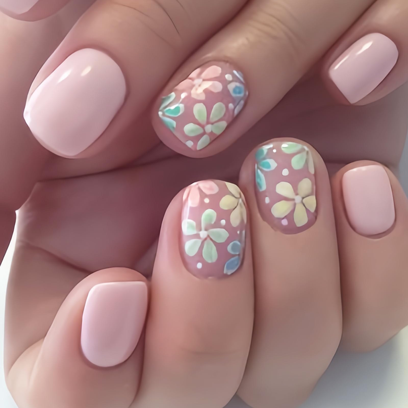 Photo 1 of 24Pcs Colorful Flower Press-On Nails - Short, Square, Fake, Spring-Summer Nail Art Set, Light Pink Acrylic, Full Cover Glossy False Nails for Women & Girls