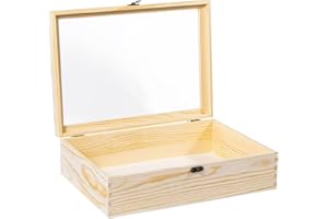 Useekoo Unfinished Wooden Display Box with Acrylic Top Hinged Lid, 13.8" x 9.8" x 3.9" Wood Keepsake Storage Box, Deep Shadow Box for DIY Craft Collectibles Jewelry Gift and Home Decorations