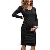 SWEETBUMP Maternity Dress Long Sleeve V Neck Knit Ribbed Maternity Sweater Dress Bodycon Mid Pregnancy Dress for Baby Shower