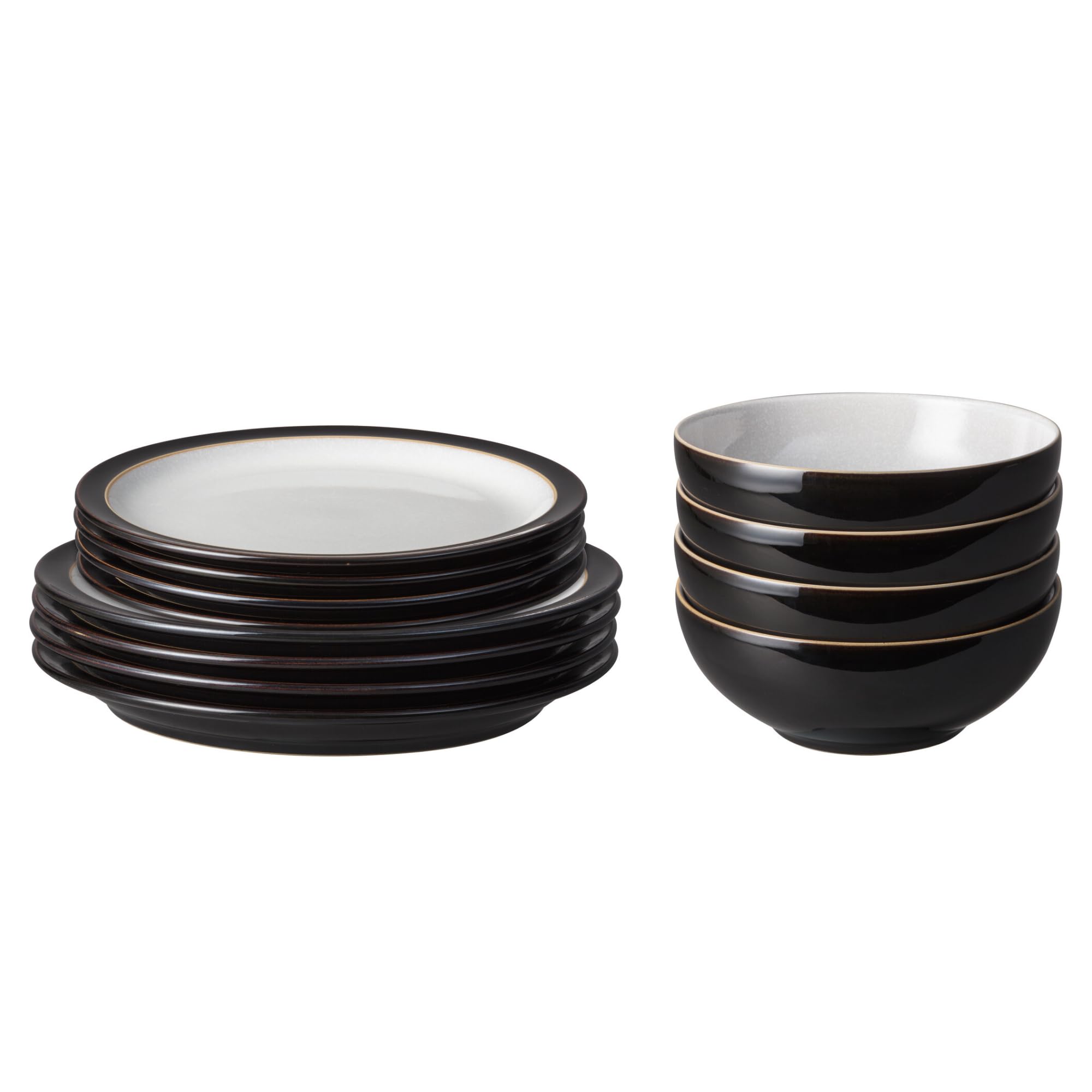 Denby - Elements Black Dinner Set For 4 - 12 Piece Ceramic Tableware Set - Dishwasher Microwave Safe Crockery Set - 4 x Dinner Plates, 4 x Medium Plates, 4 x Cereal Bowls