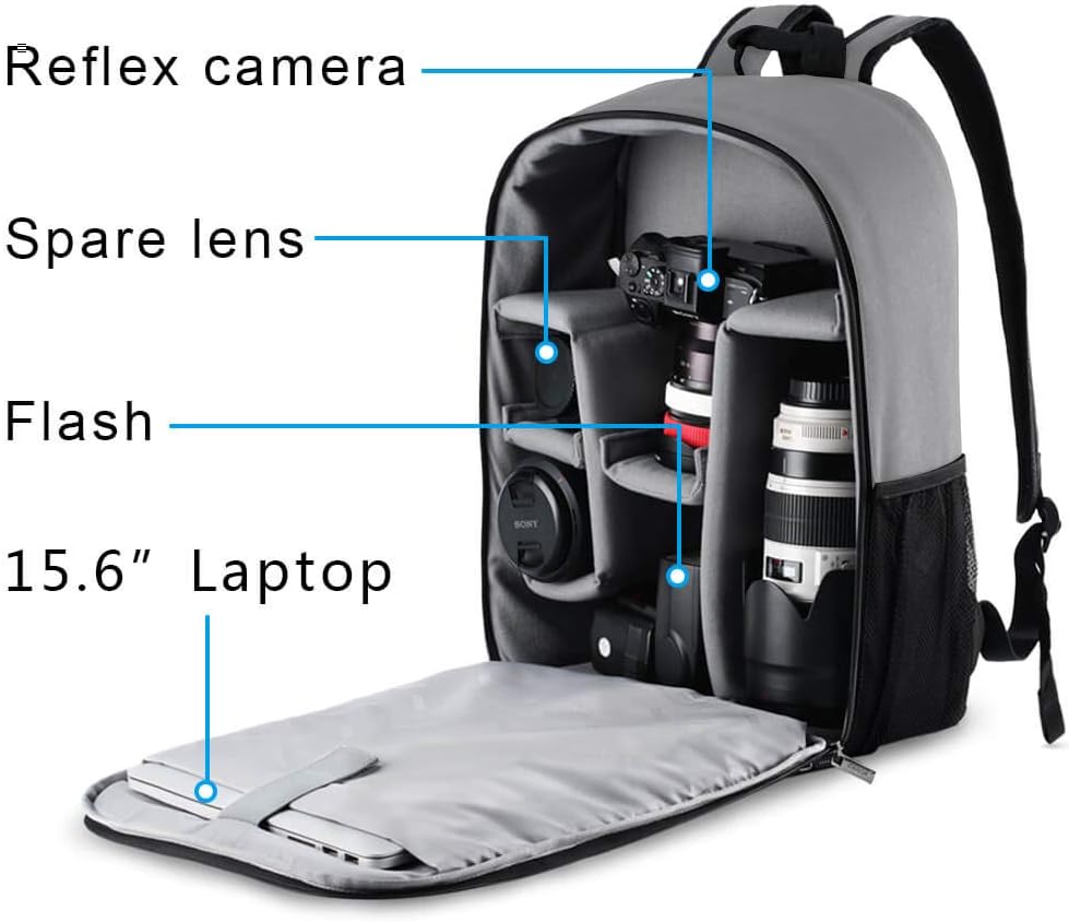 CADeN DSLR Camera Backpack - Capacity can accommodate 2 Cameras 3 Lenses 1 Tripod 15.6" Laptop and Other Photography Accessories compart can be Adjusted Freely Compatible with Canon Nikon Sony (Gray) : Camera & Photo