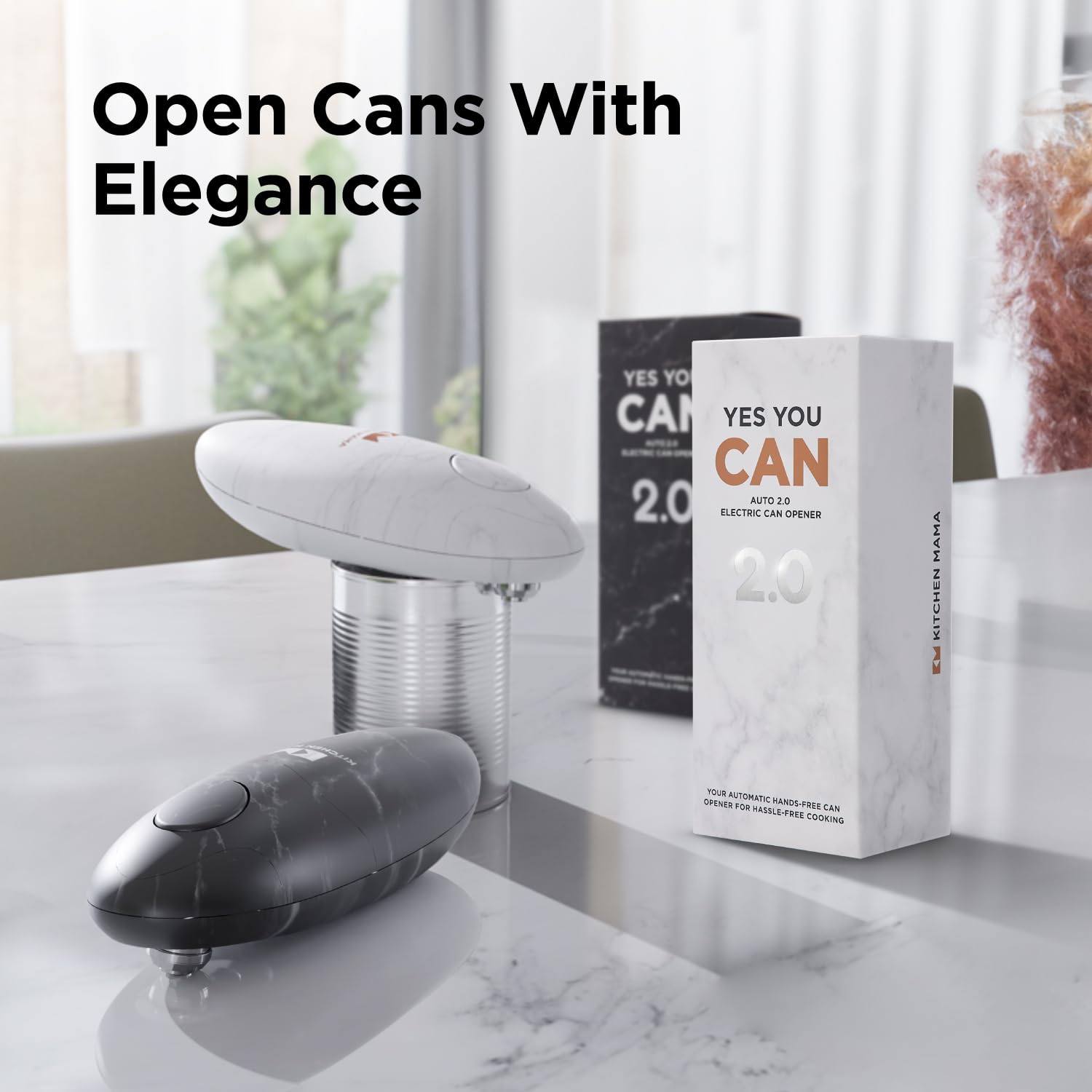Kitchen Mama Auto 2.0 Electric Can Opener: Blade Opens Almost Any Can Pop or Soda Can - Automatic, Hands Free, Safe, Smooth Edge, Lid Remover, Battery Operated, Cordless, YES YOU CAN (Marble Black)