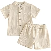 Kavousa Toddler Baby Boy Shorts Set Summer Clothes Cotton Linen Short Sleeve Button-up Shirt and Shorts Spring Outfit