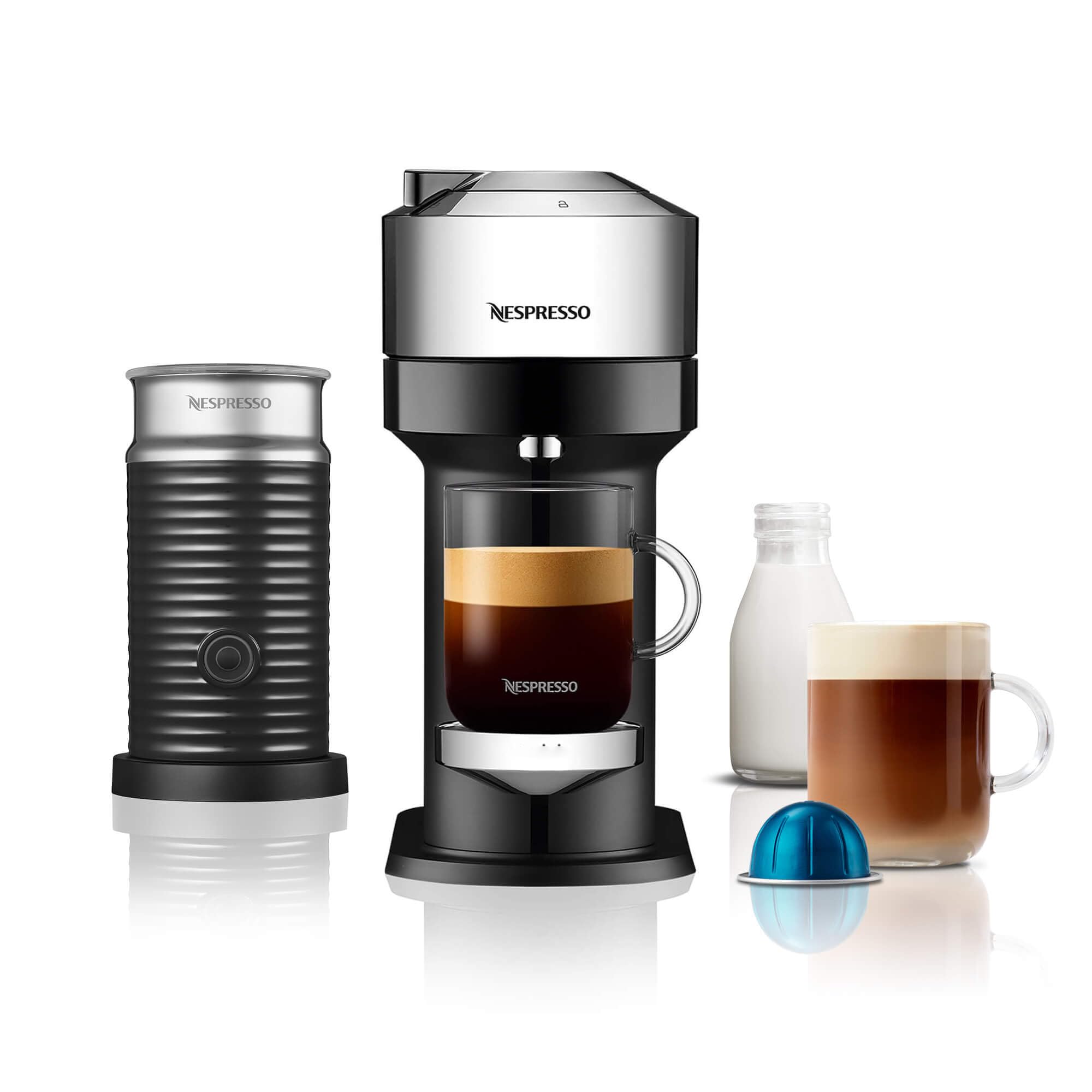 Nespresso Vertuo Next Deluxe Automatic Pod coffee machine with milk frother for Americano, Cappuccino & Latte by Magimix in Pure Chrome