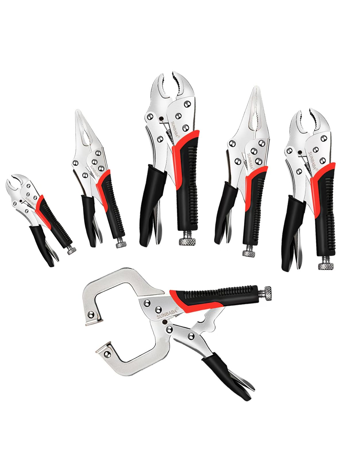 Photo 1 of SUNBABA Locking Pliers Set, 6-Piece Vice Grips Pliers Set Long Nose 6-1/2”, 9-1/2” Curved Jaw 5” 7” 10” C-Clamp 6” Adjustable Screw