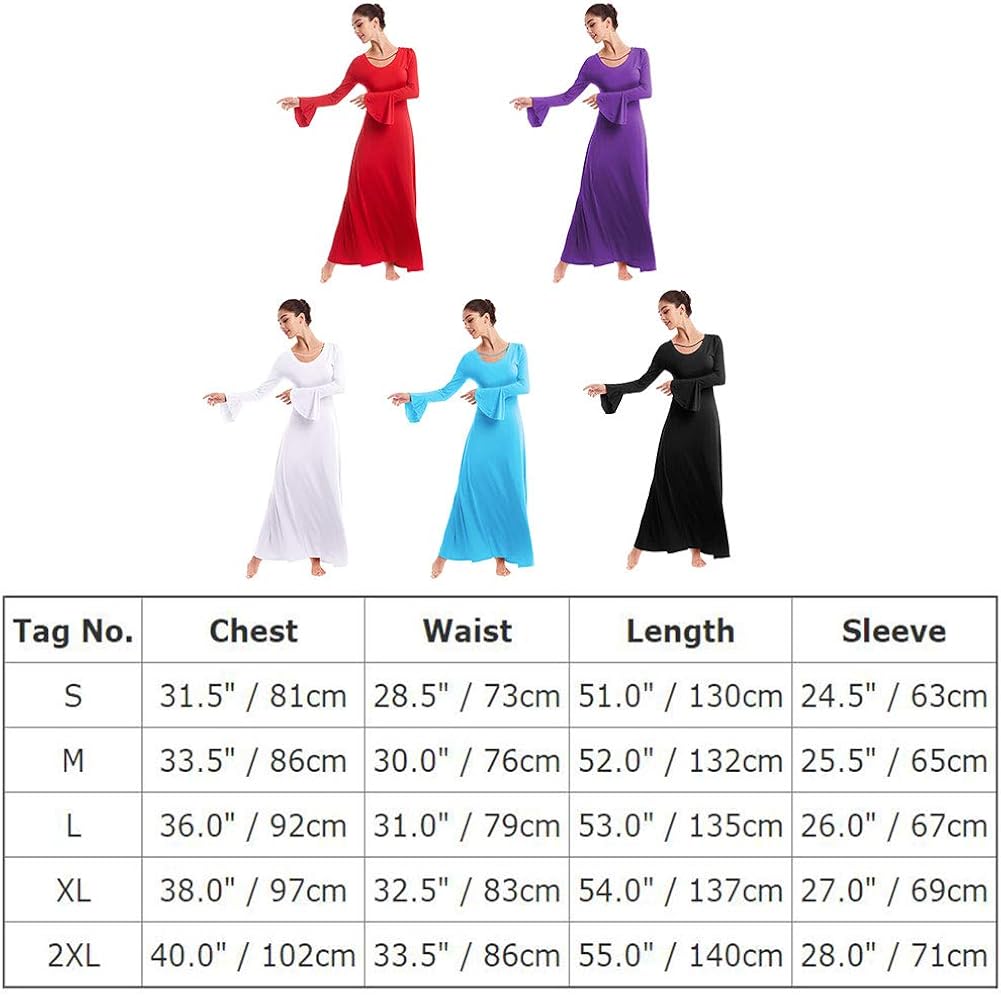 Womens Praise Bell Long Sleeve Dance Dress Loose Fit Full Length Liturgical Lyrical Worship Dancewear: Clothing