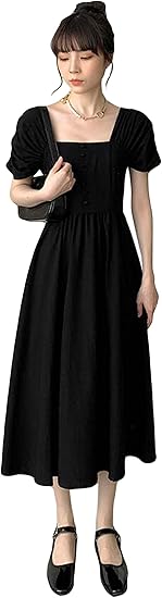 Alppvレディース ワンピース 夏服 ミモレ丈 Aラインワンピース スクエアネック チュニック 着痩せ 無地 デザイン感 レトロ ミモレワンピース エレガント フランス風 通勤 通学 ワンピース チュニック 通販 Amazon